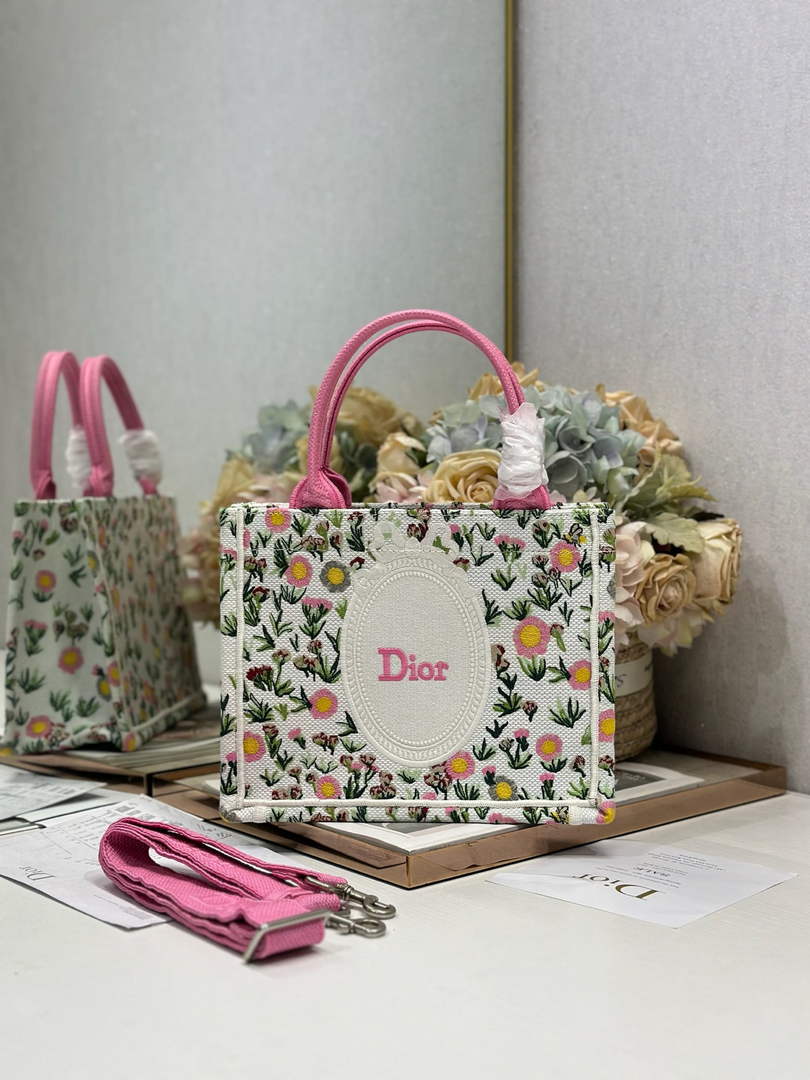 Small Dior Book Tote with Strap – White Daisy Garden Embroidery - Default Title - View 1