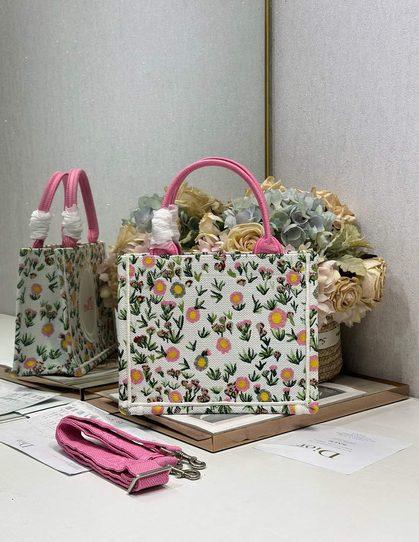 Small Dior Book Tote with Strap – White Daisy Garden Embroidery - Default Title - View 2