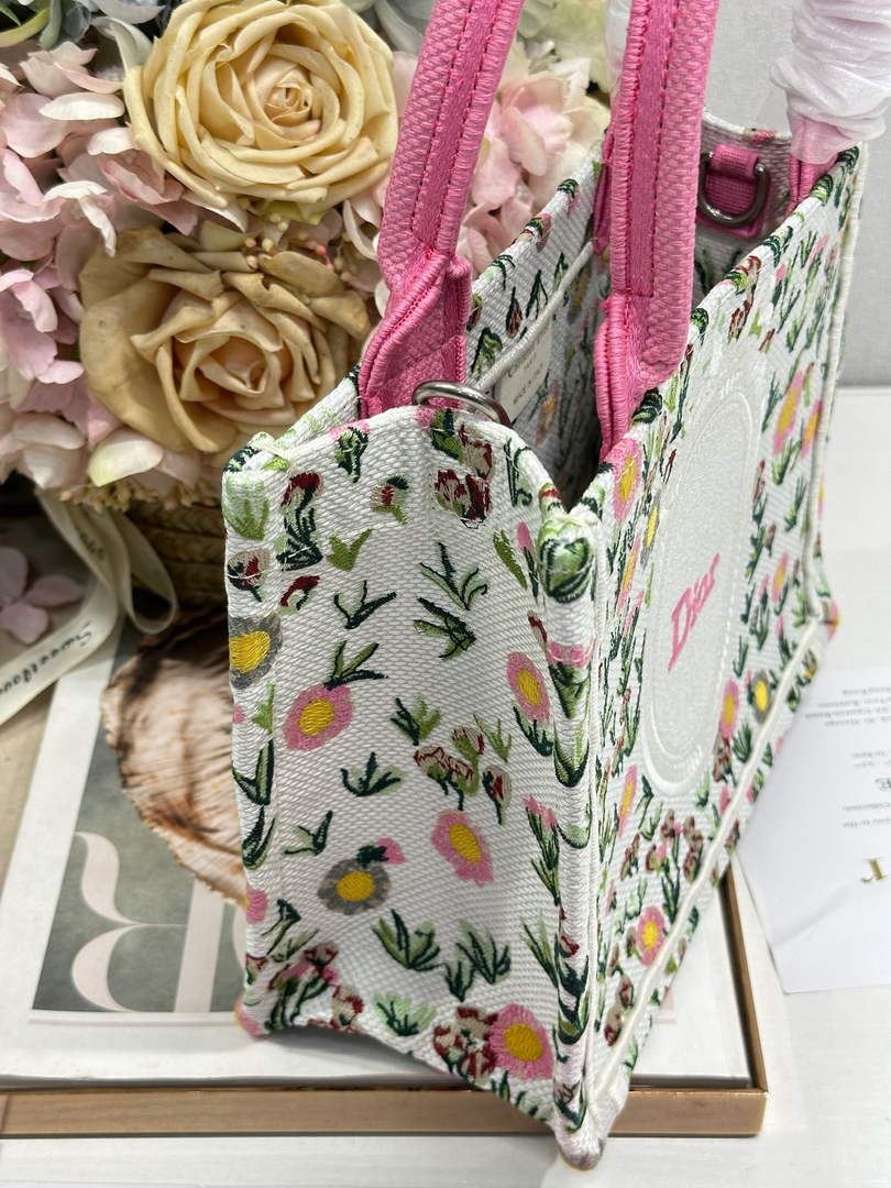 Small Dior Book Tote with Strap – White Daisy Garden Embroidery - Default Title - View 3