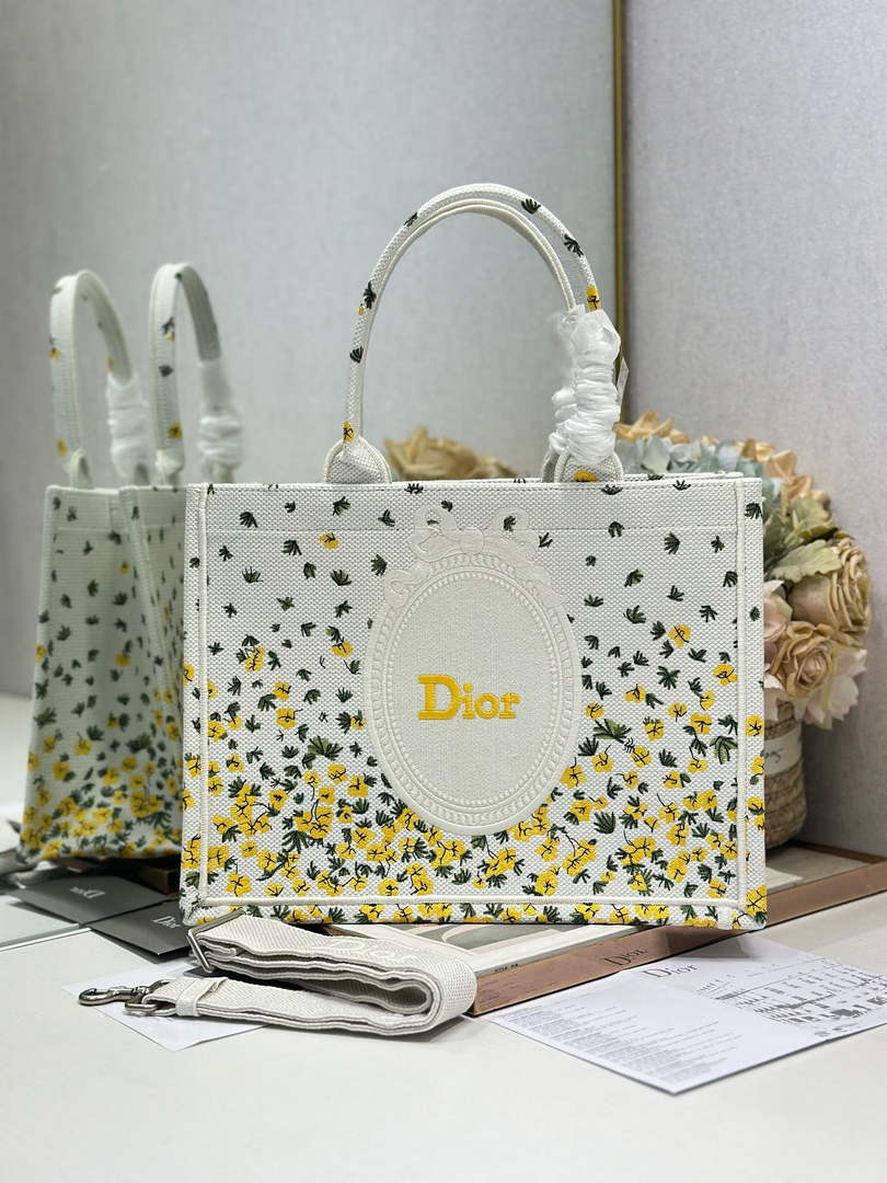Dior Medium Book Tote with Strap – Buttercup Dior Embroidery - Default Title - View 3