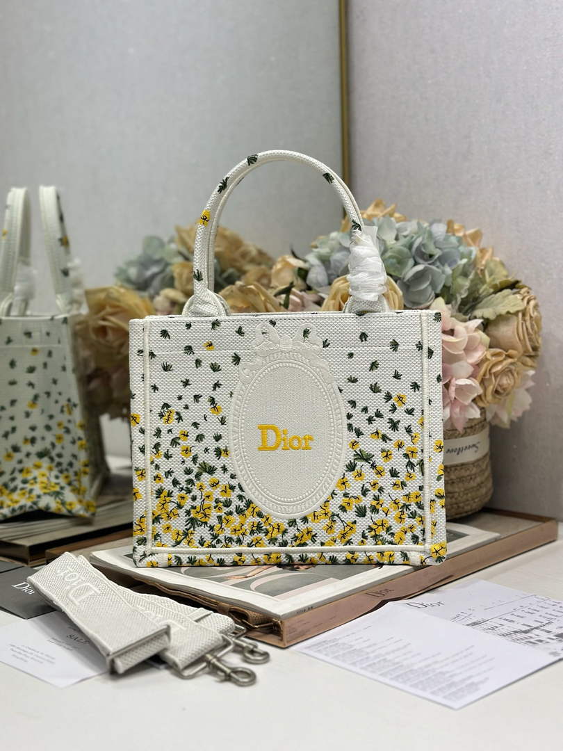 Small Dior Book Tote with Strap – Buttercup Dior Embroidery - Default Title - View 1