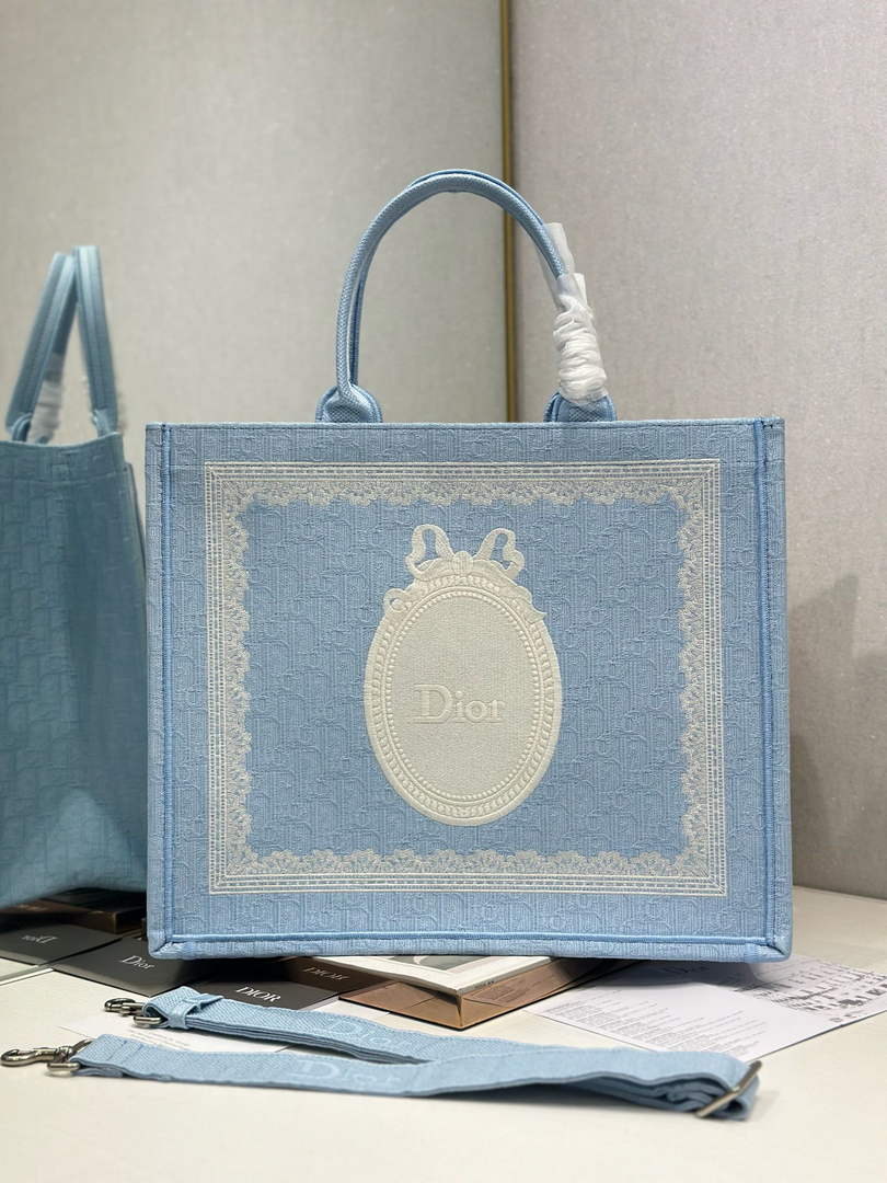 Dior Large Book Tote – Blue Oblique with White Lace - Default Title - View 2