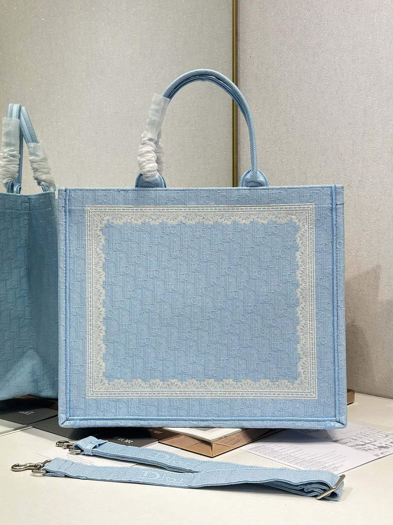 Dior Large Book Tote – Blue Oblique with White Lace - Default Title - View 3