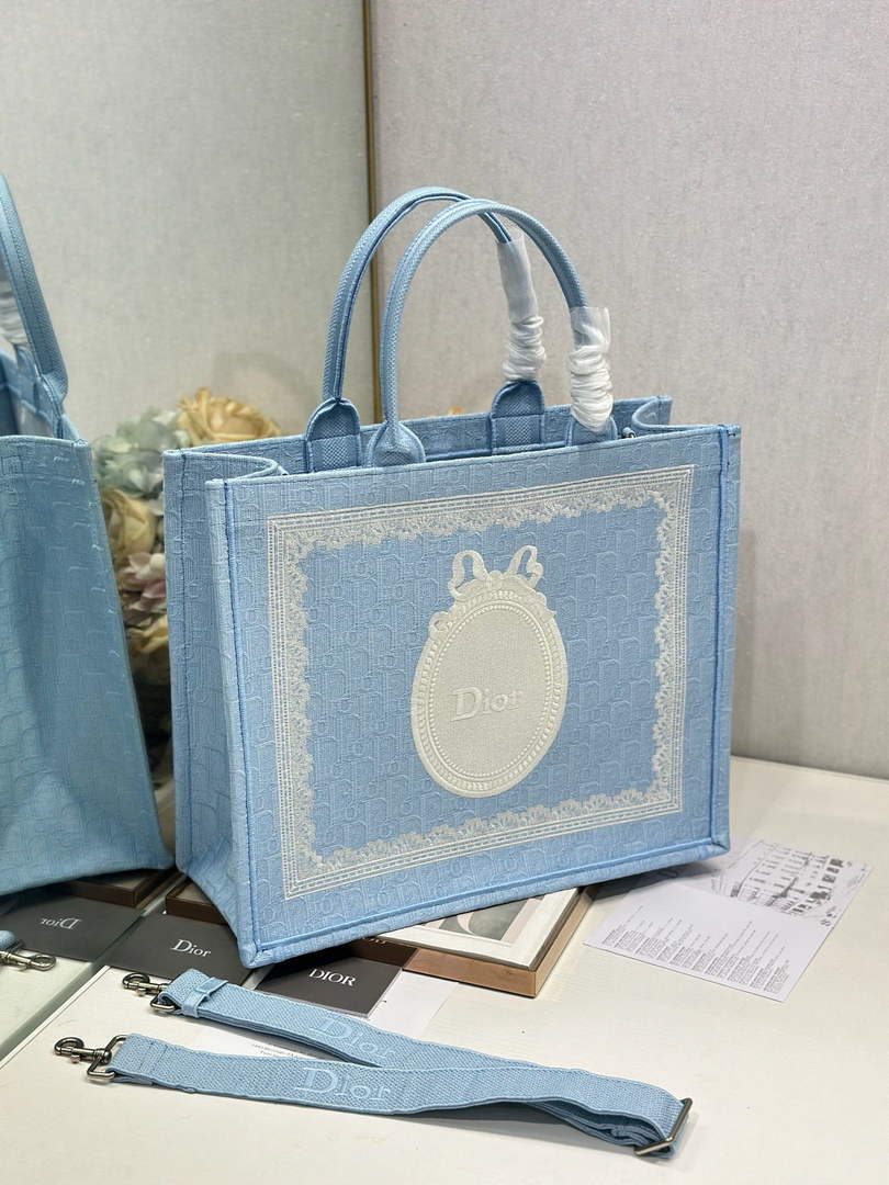 Dior Large Book Tote – Blue Oblique with White Lace - Default Title - View 6