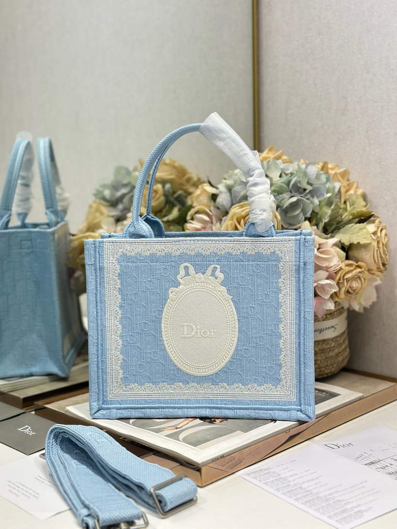 Dior Small Book Tote with Strap – Blue Oblique with White Lace - Default Title - View 1