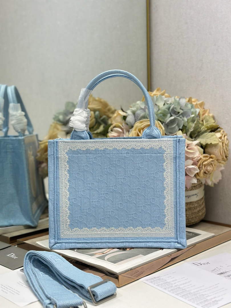 Dior Small Book Tote with Strap – Blue Oblique with White Lace - Default Title - View 2