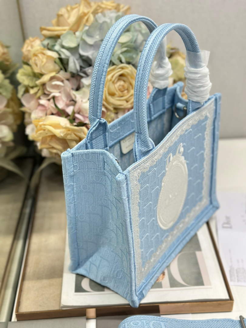 Dior Small Book Tote with Strap – Blue Oblique with White Lace - Default Title - View 3
