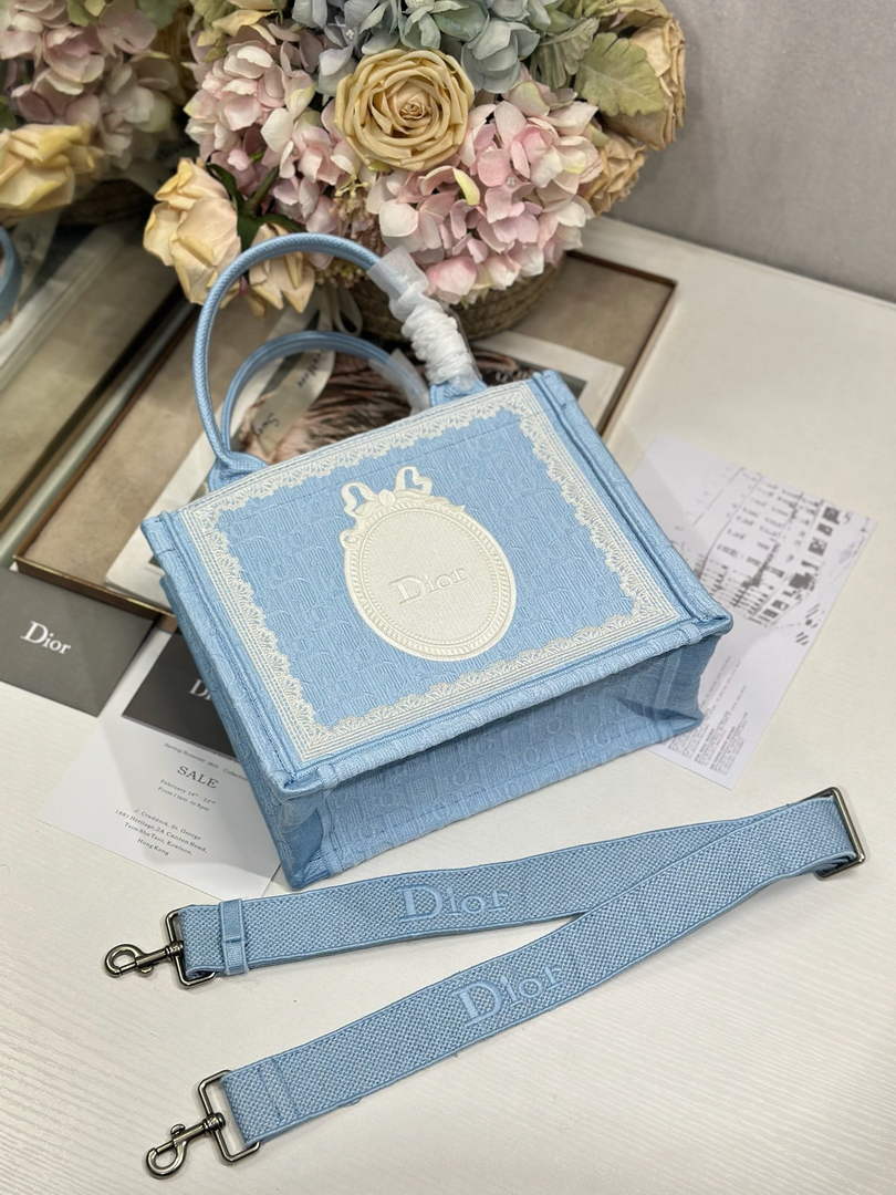 Dior Small Book Tote with Strap – Blue Oblique with White Lace - Default Title - View 5