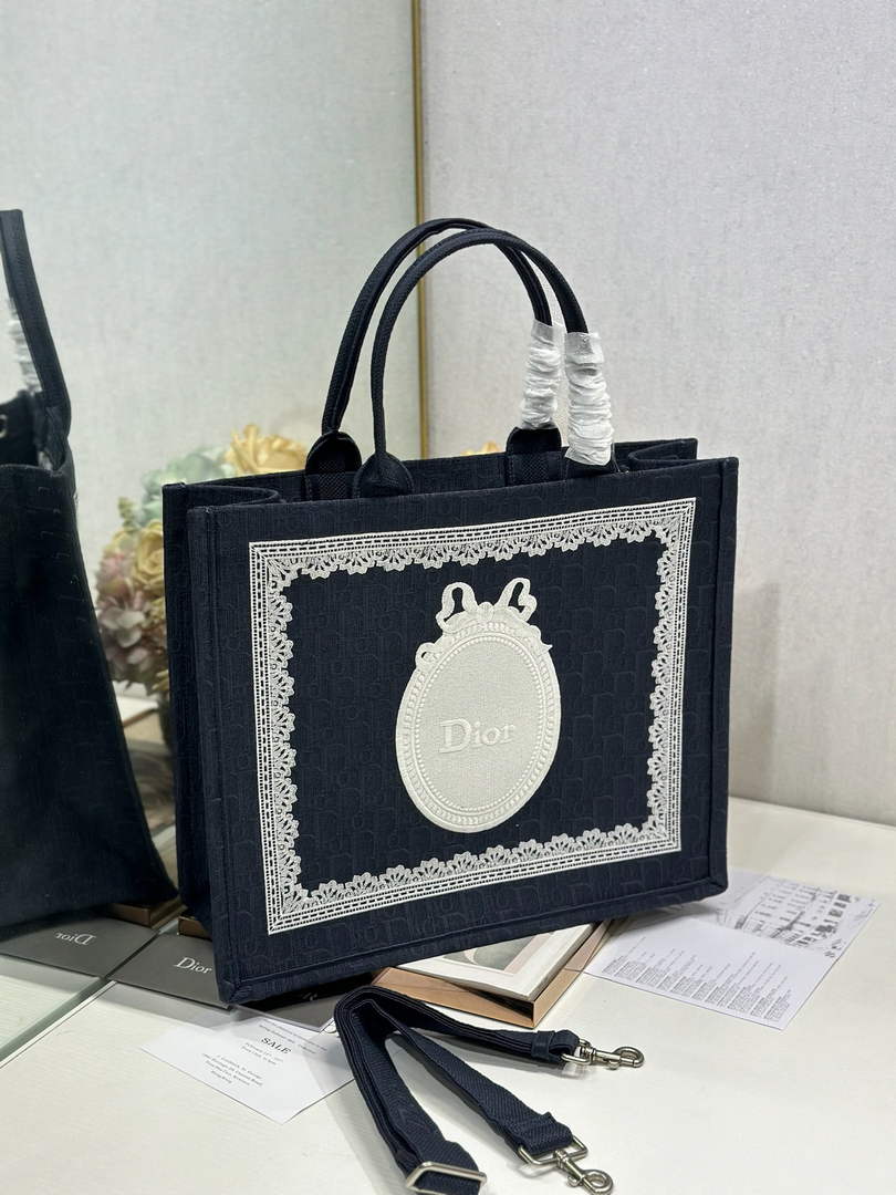 Dior Large Book Tote – Navy Oblique with White Lace - Default Title - View 7