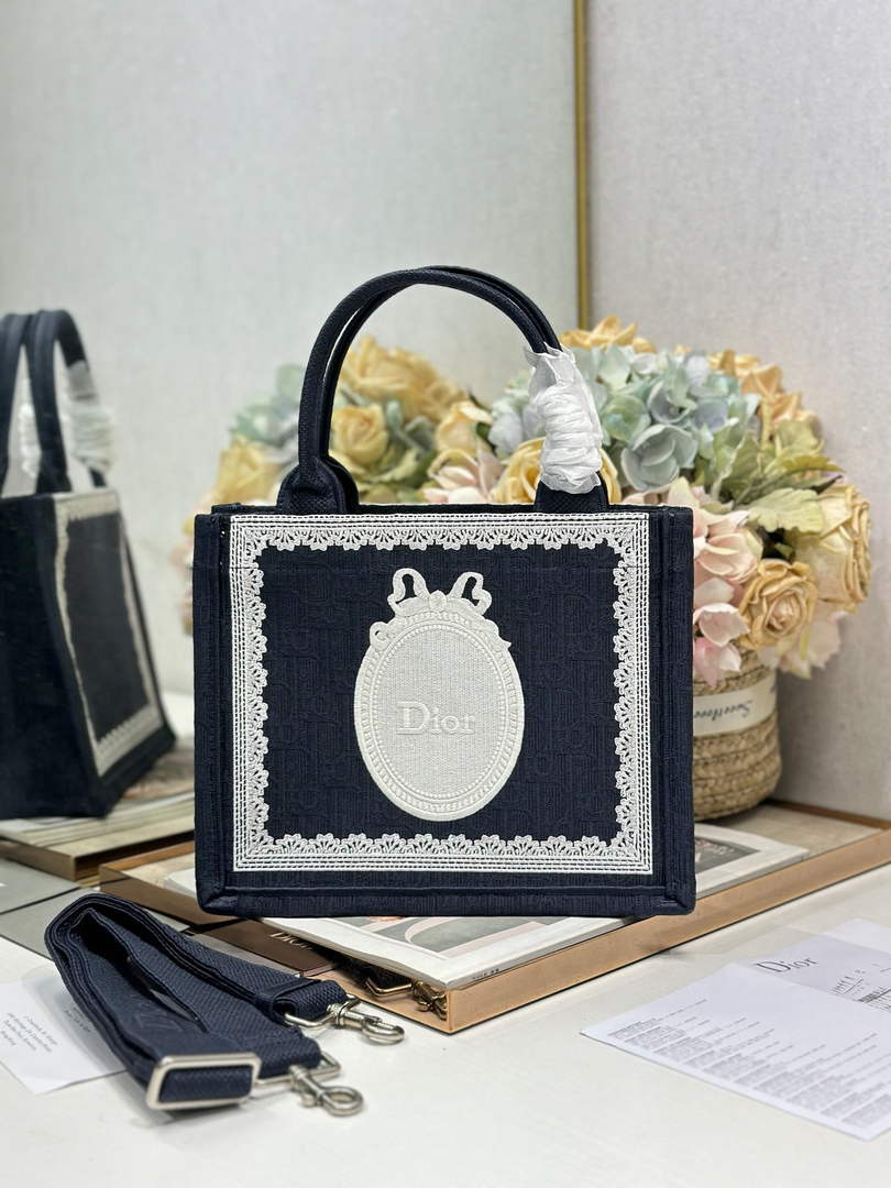 Dior Small Book Tote with Strap – Navy Oblique with White Lace - Default Title - View 1