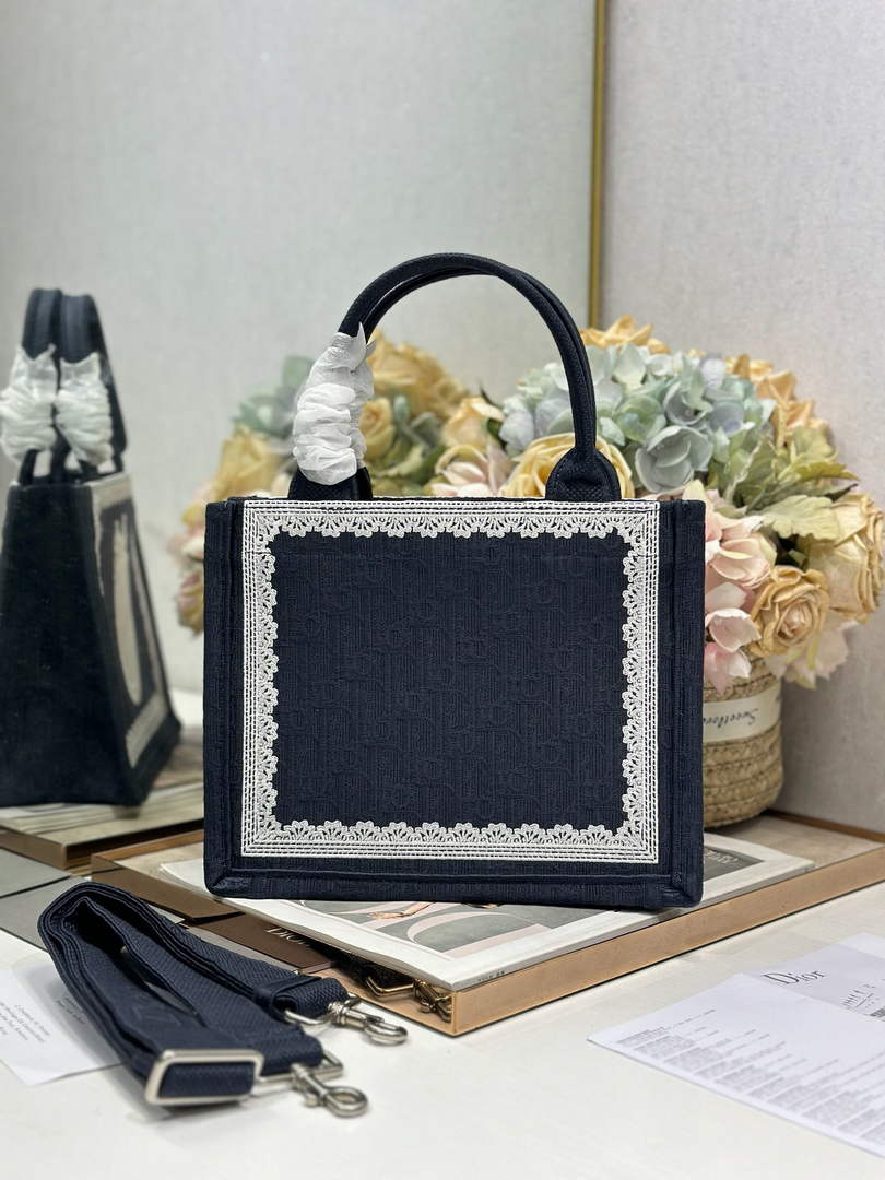 Dior Small Book Tote with Strap – Navy Oblique with White Lace - Default Title - View 2