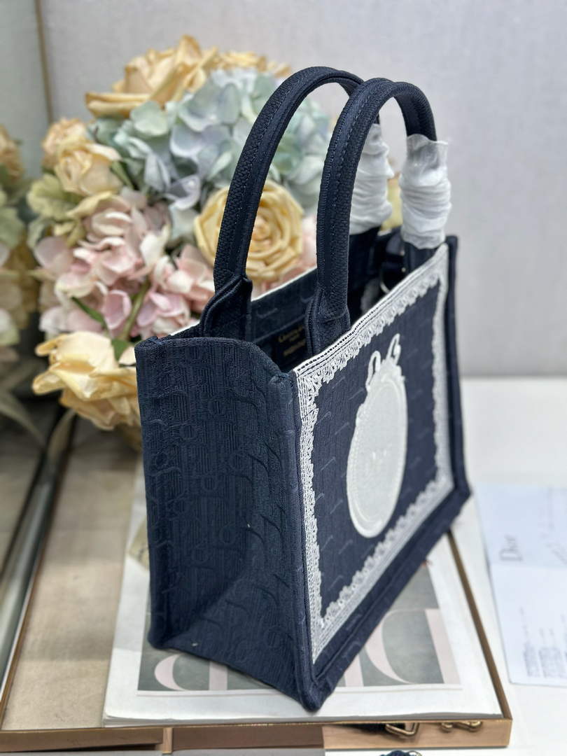 Dior Small Book Tote with Strap – Navy Oblique with White Lace - Default Title - View 3