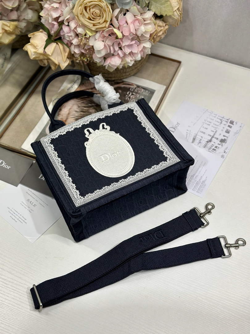 Dior Small Book Tote with Strap – Navy Oblique with White Lace - Default Title - View 5