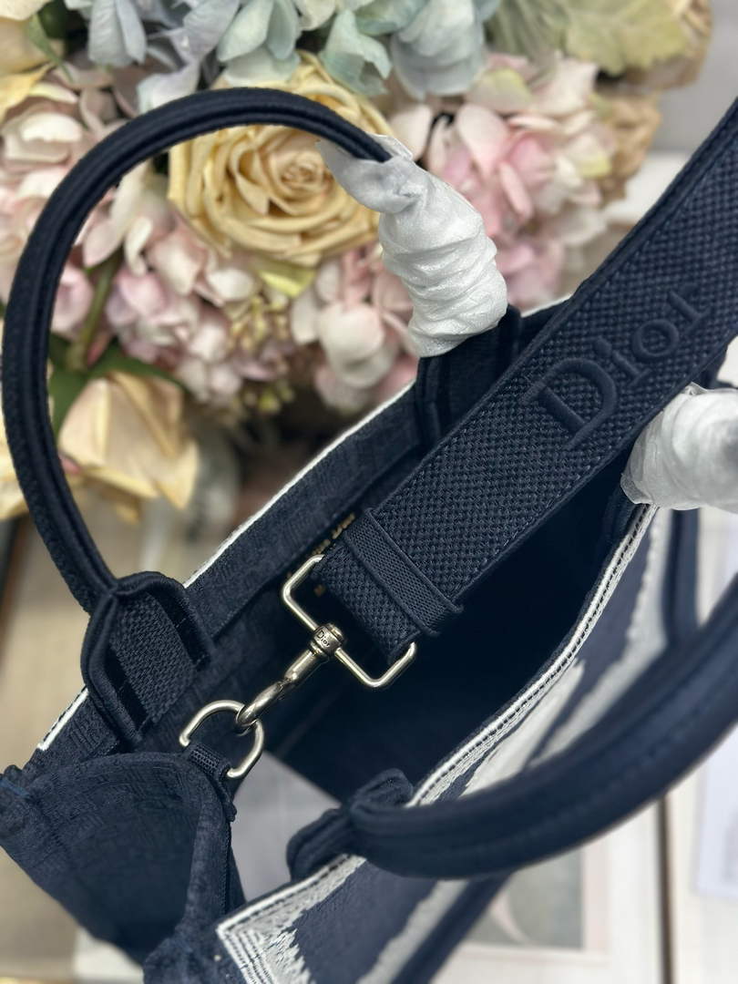 Dior Small Book Tote with Strap – Navy Oblique with White Lace - Default Title - View 7