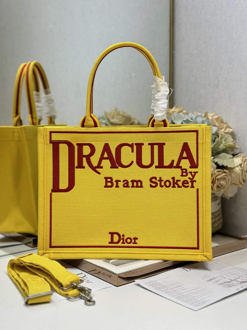 Dior Medium Book Tote – Yellow and Red Toile de Jouy Embroidery – with Strap - Default Title - View 3