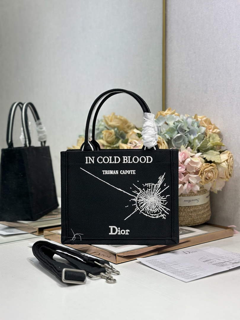 Small Dior Book Tote with Strap - Black and White Book Cover Embroidery - Default Title - View 1