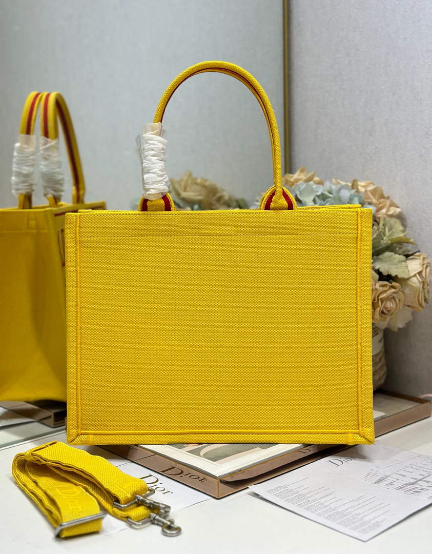Dior Medium Book Tote – Yellow and Red Toile de Jouy Embroidery – with Strap - Default Title - View 4