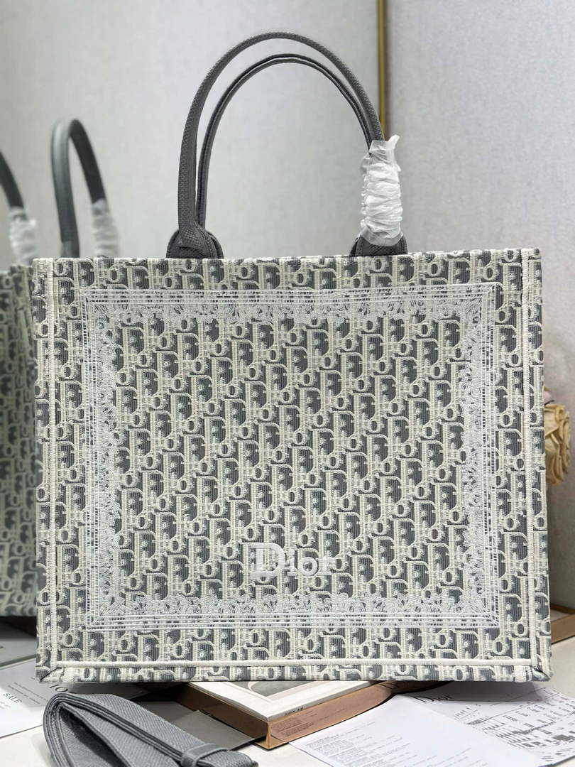 Dior Large Book Tote with Strap – Latte Gray Oblique with White Lace - Default Title - View 1