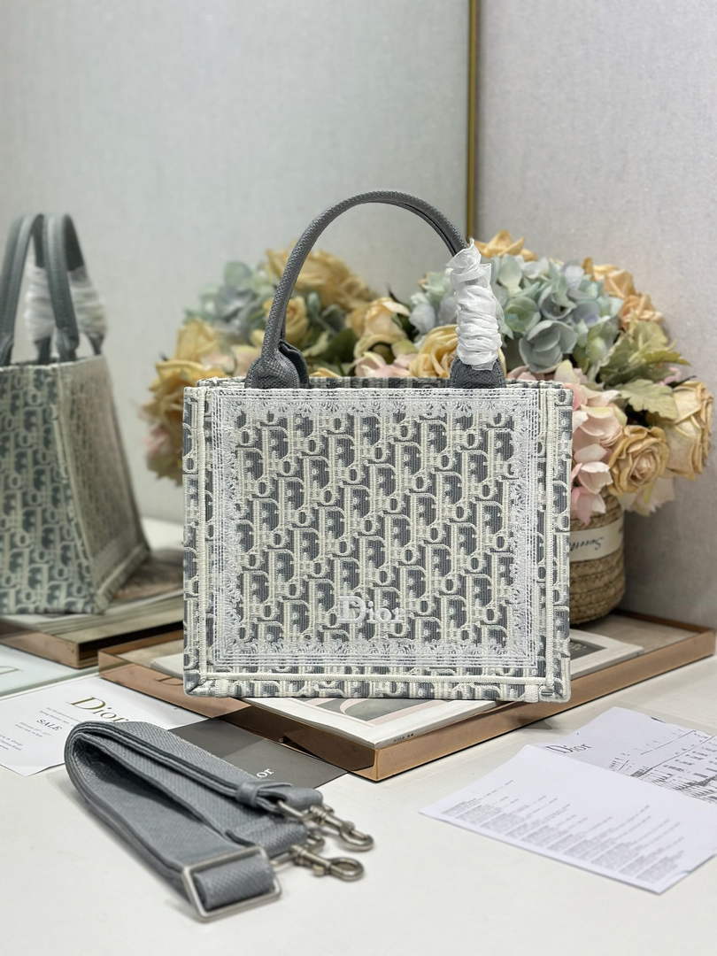 Dior Small Book Tote with Strap – Latte Gray Oblique with White Lace - Default Title - View 1
