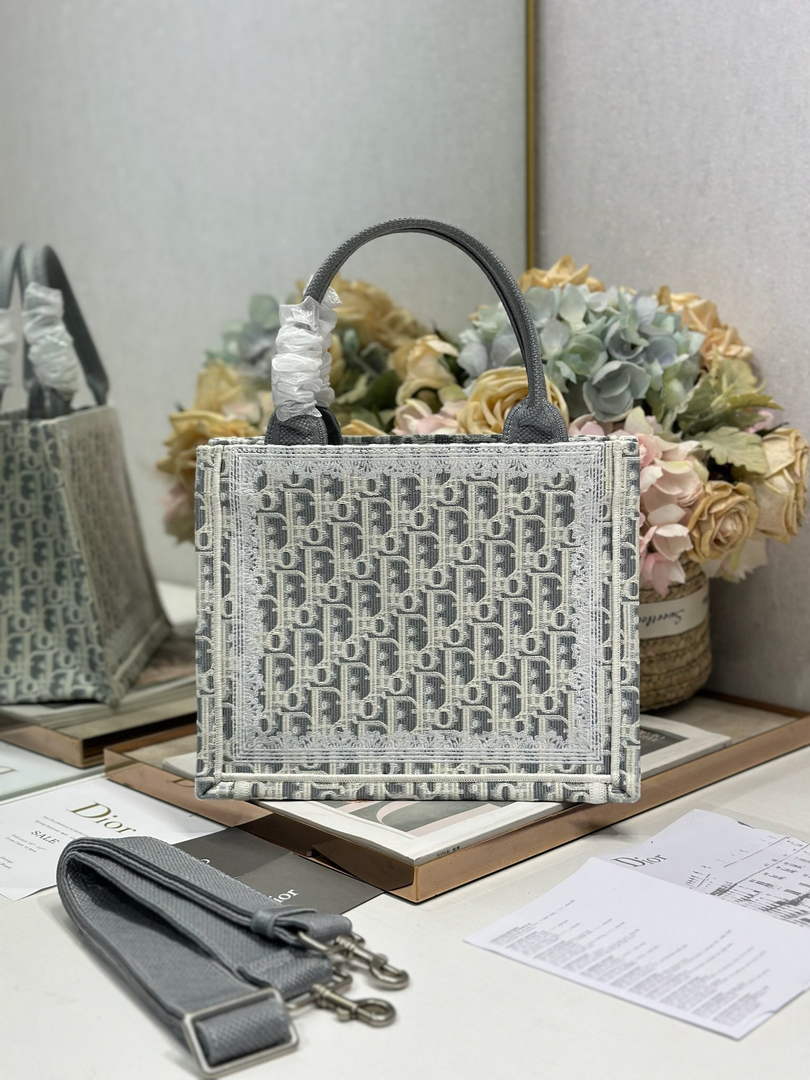 Dior Small Book Tote with Strap – Latte Gray Oblique with White Lace - Default Title - View 2