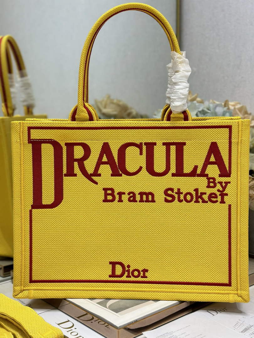 Dior Medium Book Tote – Yellow and Red Toile de Jouy Embroidery – with Strap - Default Title - View 1