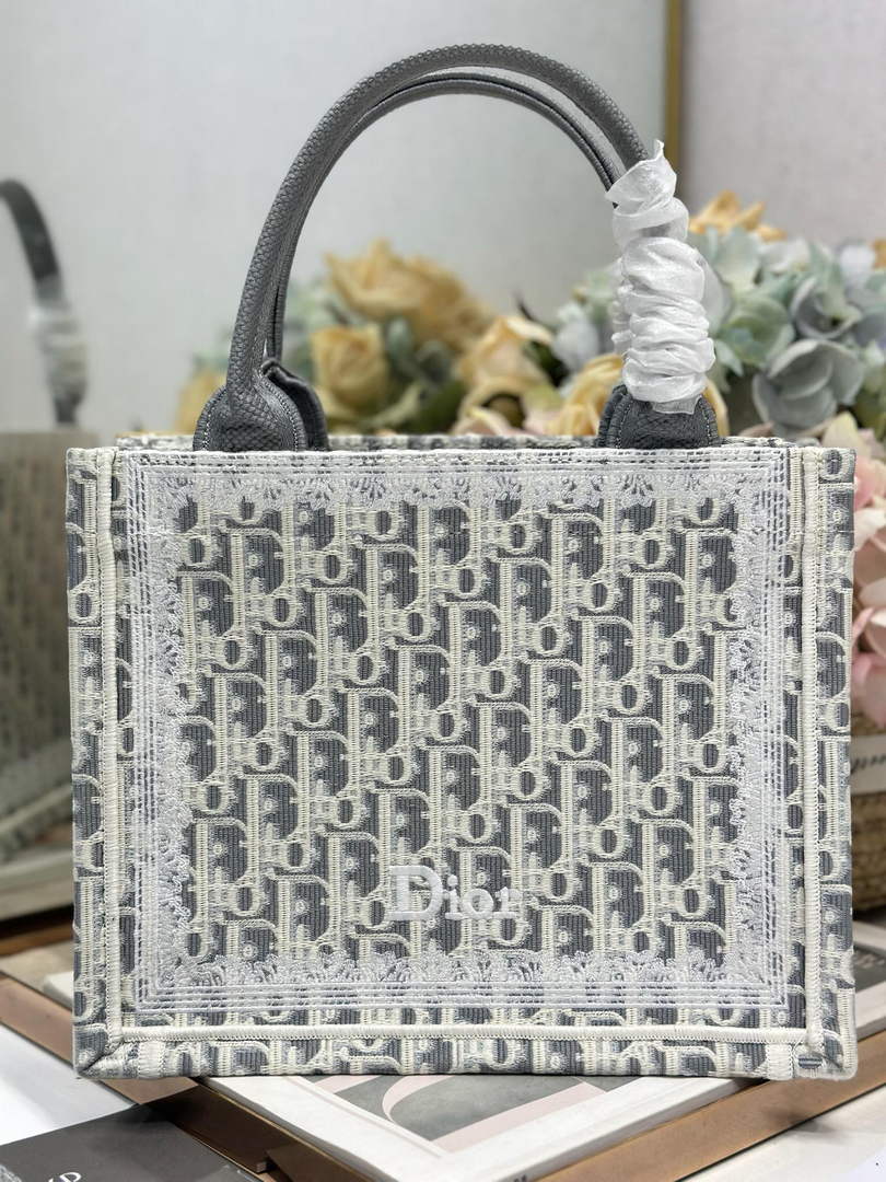 Dior Small Book Tote with Strap – Latte Gray Oblique with White Lace - Default Title - View 4