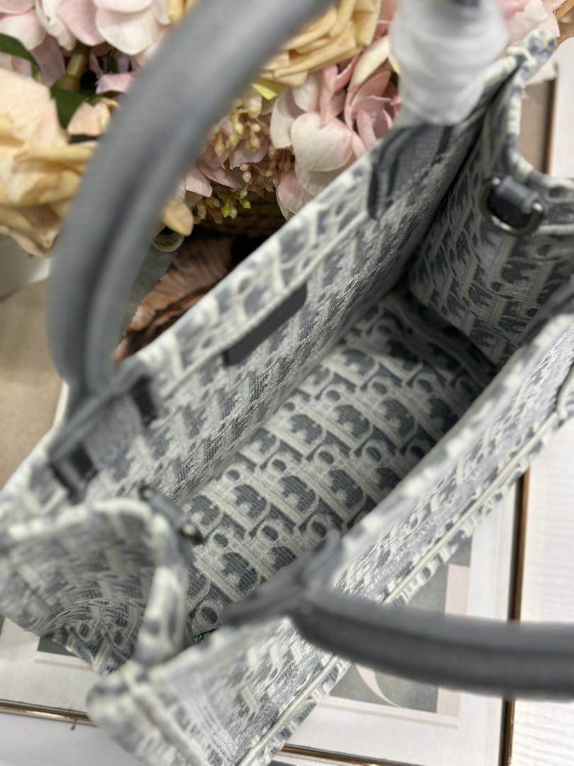 Dior Small Book Tote with Strap – Latte Gray Oblique with White Lace - Default Title - View 6