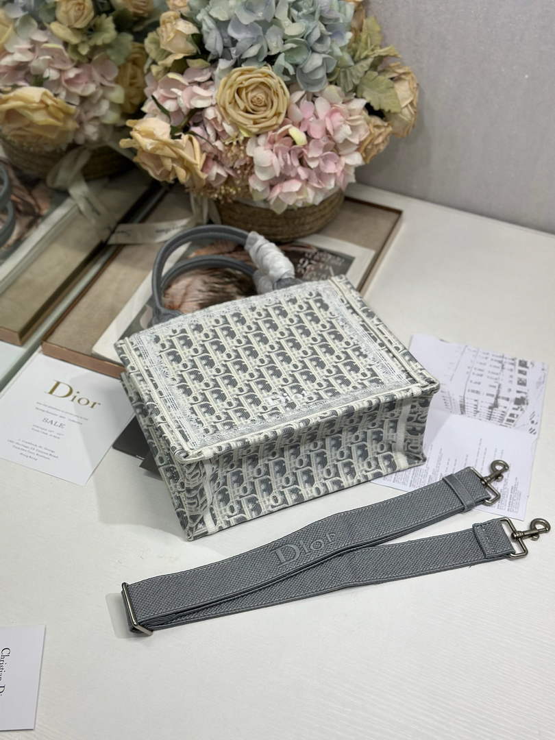 Dior Small Book Tote with Strap – Latte Gray Oblique with White Lace - Default Title - View 9
