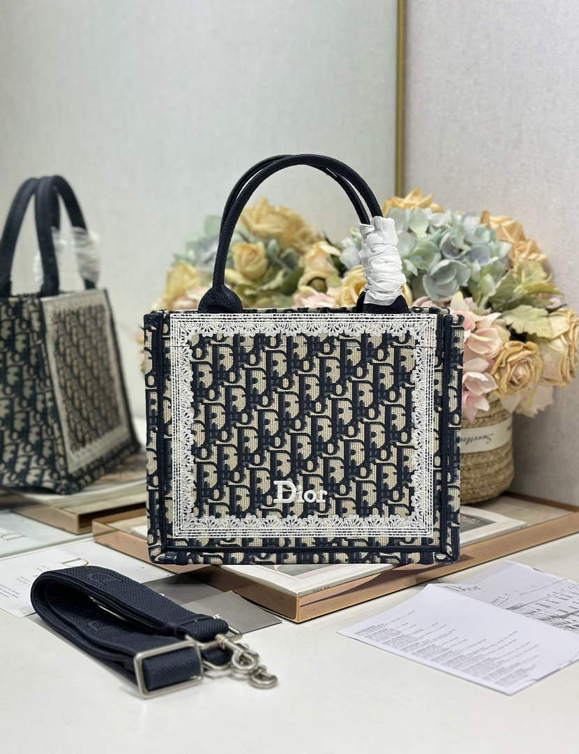 Dior Small Book Tote with Strap – Latte Black Oblique with White Lace - Default Title - View 2