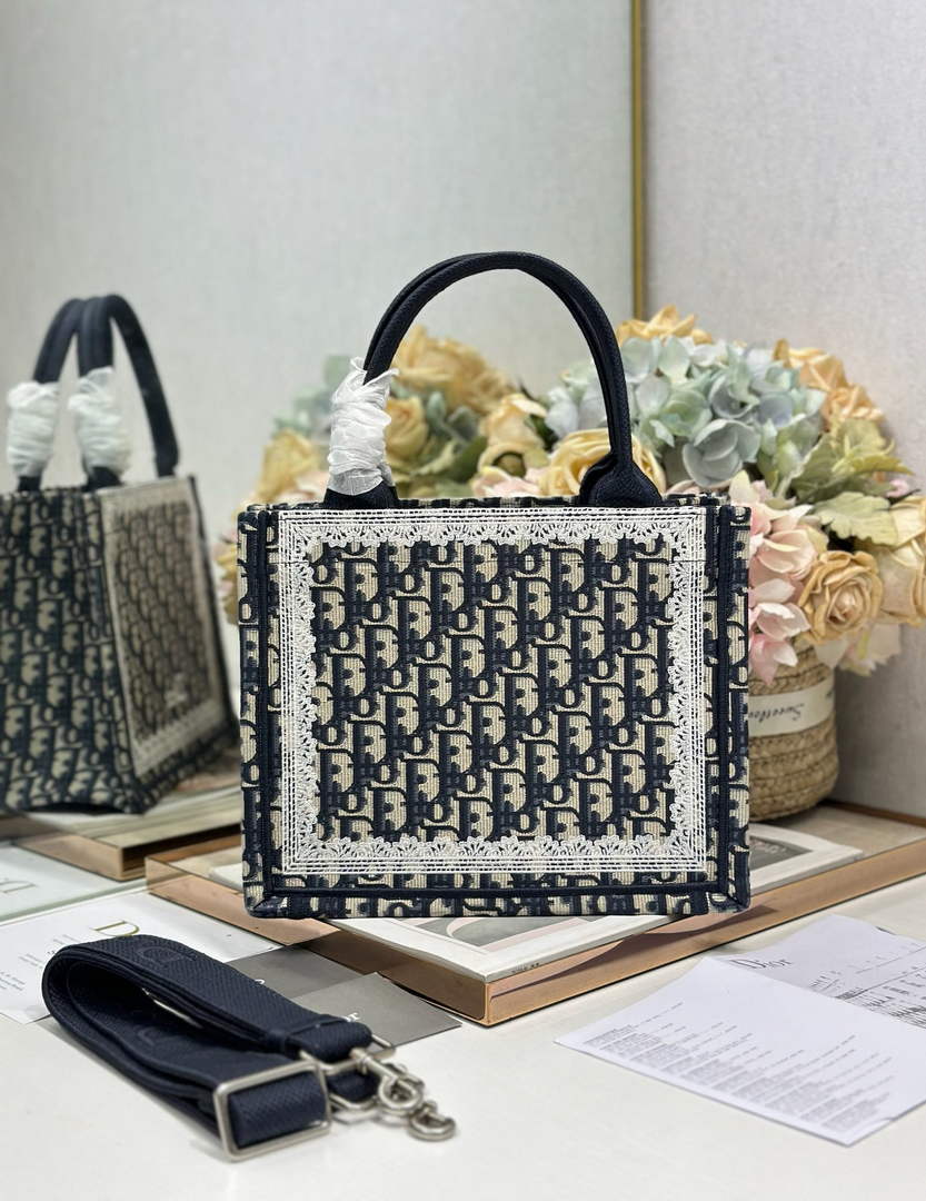 Dior Small Book Tote with Strap – Latte Black Oblique with White Lace - Default Title - View 3