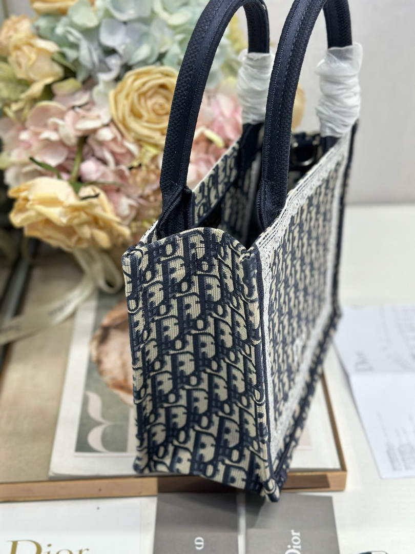Dior Small Book Tote with Strap – Latte Black Oblique with White Lace - Default Title - View 4