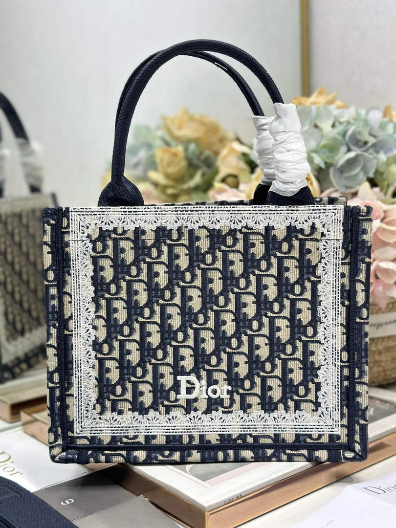 Dior Small Book Tote with Strap – Latte Black Oblique with White Lace - Default Title - View 1