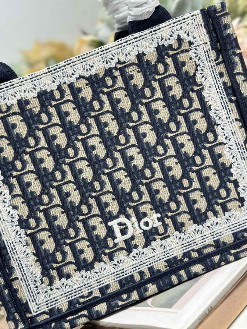 Dior Small Book Tote with Strap – Latte Black Oblique with White Lace - Default Title - View 5