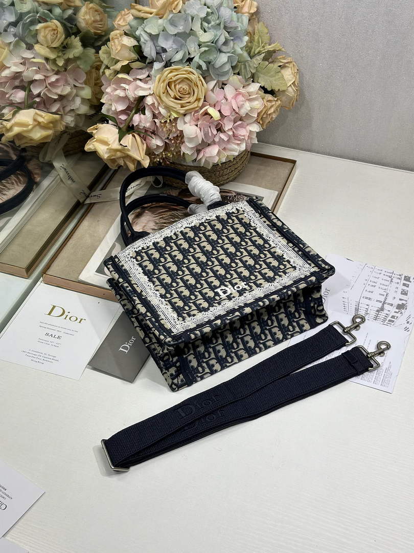 Dior Small Book Tote with Strap – Latte Black Oblique with White Lace - Default Title - View 7