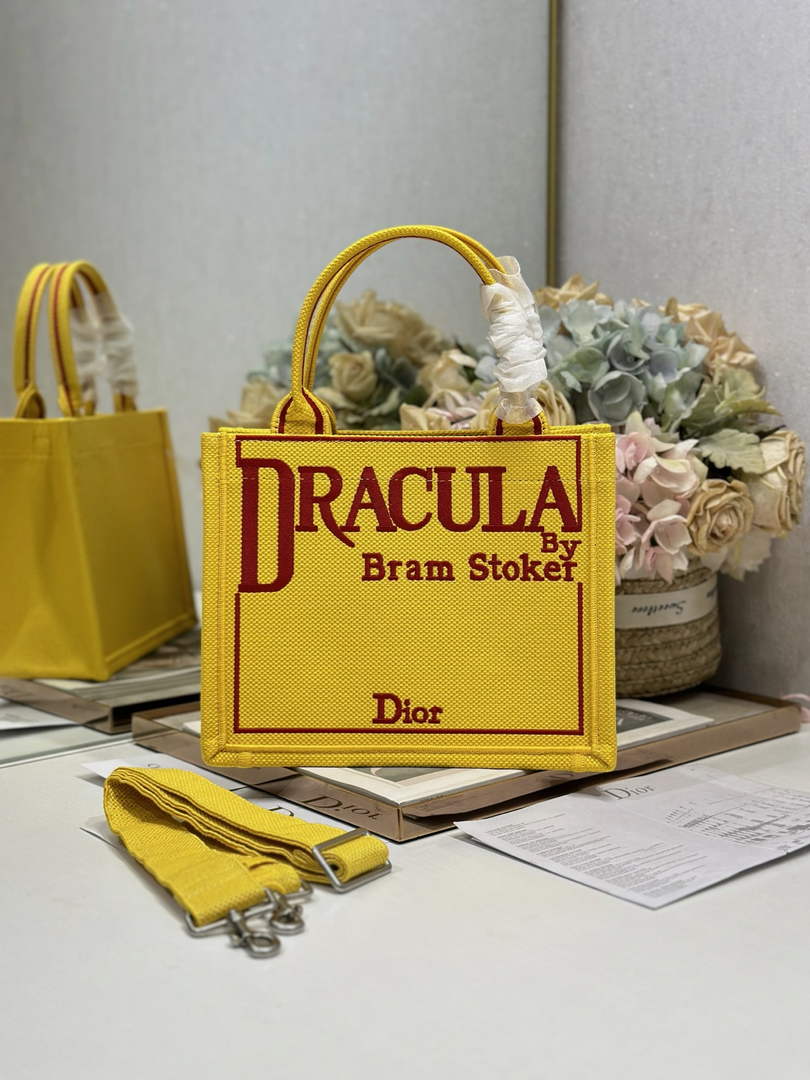 Small Dior Book Tote with Strap - Yellow and Red Toile de Jouy Embroidery - Default Title - View 1
