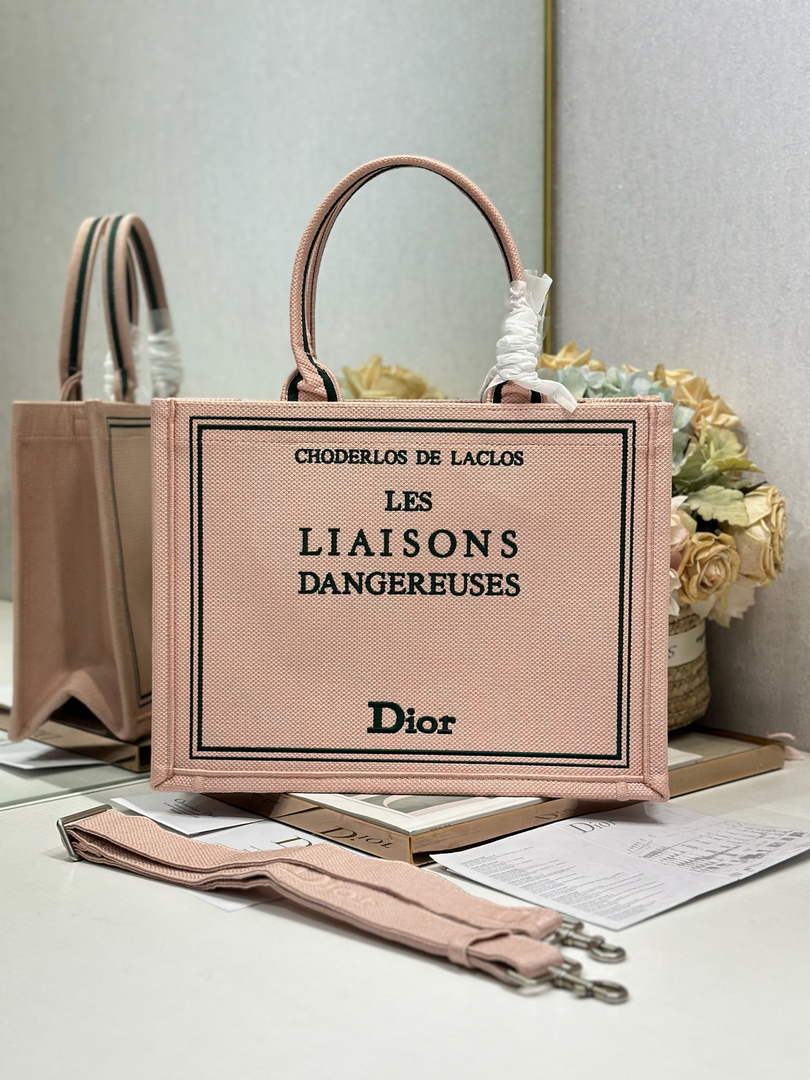 Dior Medium Book Tote – Pink and Green Toile de Jouy Embroidery – with Strap - Default Title - View 3