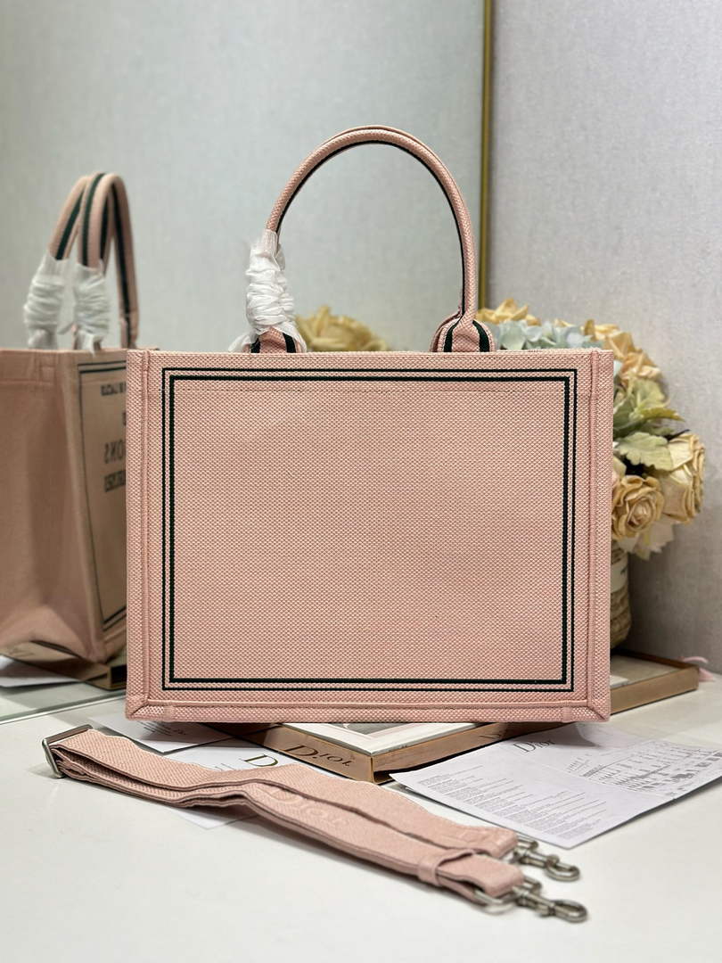 Dior Medium Book Tote – Pink and Green Toile de Jouy Embroidery – with Strap - Default Title - View 4