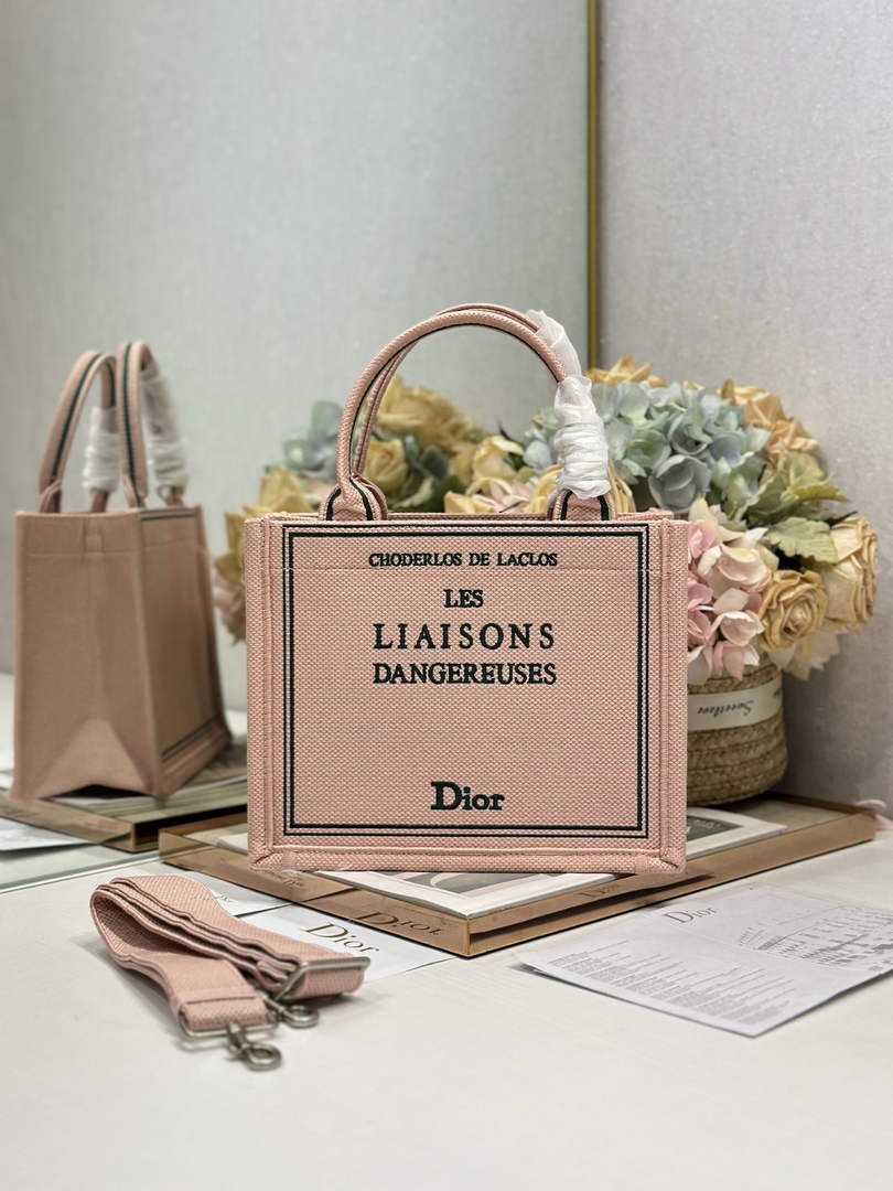 Small Dior Book Tote with Strap - Pink and Green Toile de Jouy Embroidery - Default Title - View 1