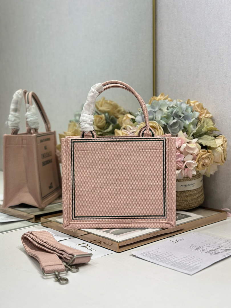 Small Dior Book Tote with Strap - Pink and Green Toile de Jouy Embroidery - Default Title - View 2
