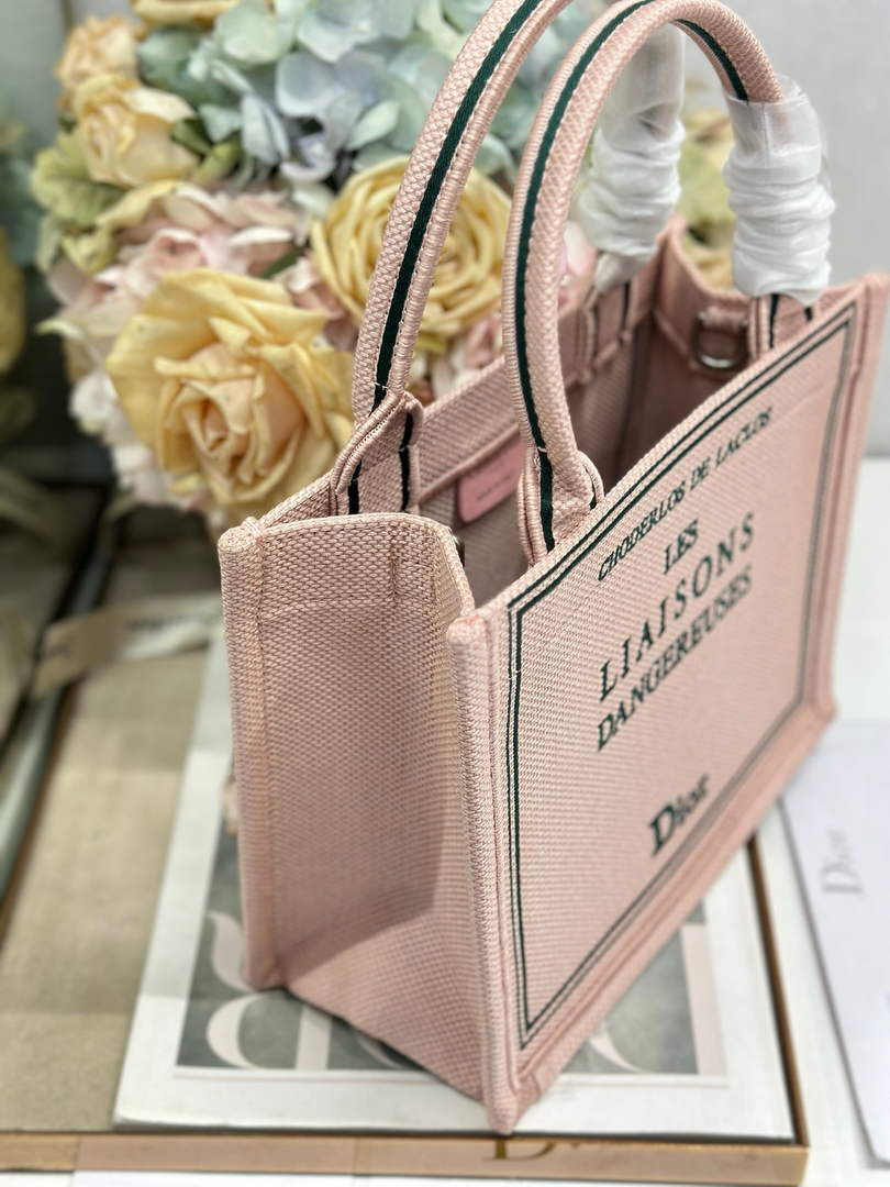Small Dior Book Tote with Strap - Pink and Green Toile de Jouy Embroidery - Default Title - View 4
