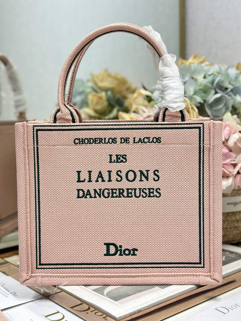 Small Dior Book Tote with Strap - Pink and Green Toile de Jouy Embroidery - Default Title - View 3