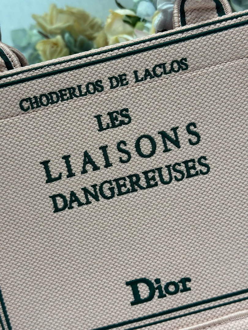 Small Dior Book Tote with Strap - Pink and Green Toile de Jouy Embroidery - Default Title - View 5
