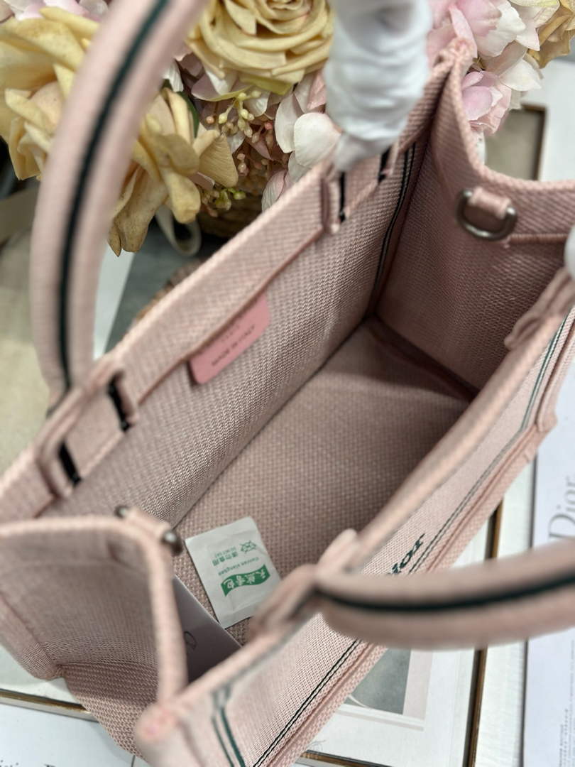 Small Dior Book Tote with Strap - Pink and Green Toile de Jouy Embroidery - Default Title - View 6