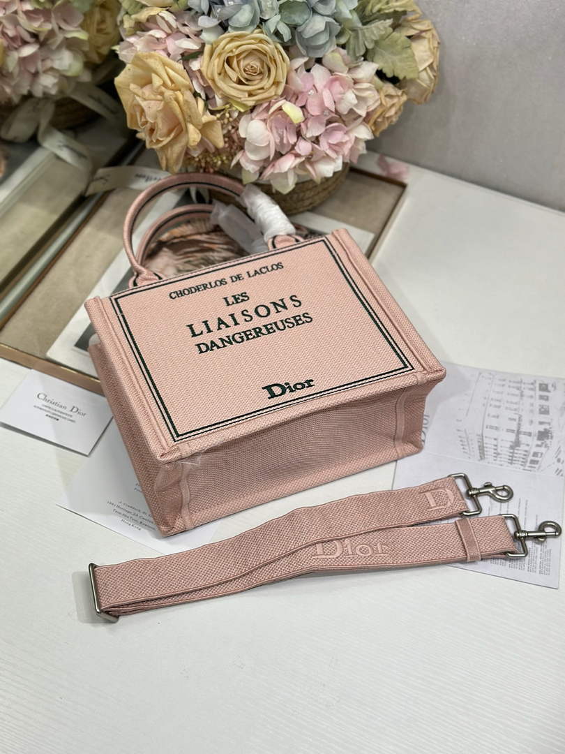 Small Dior Book Tote with Strap - Pink and Green Toile de Jouy Embroidery - Default Title - View 7
