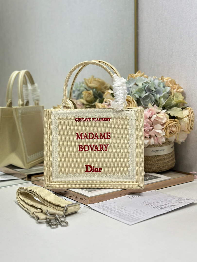 Small Dior Book Tote with Strap - Apricot and Red Toile de Jouy Embroidery - Default Title - View 1