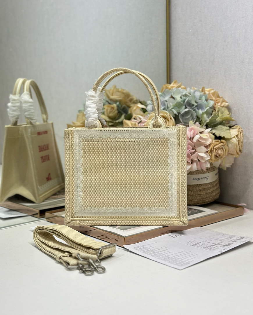 Small Dior Book Tote with Strap - Apricot and Red Toile de Jouy Embroidery - Default Title - View 3