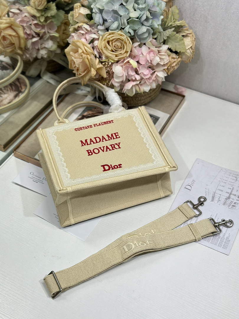 Small Dior Book Tote with Strap - Apricot and Red Toile de Jouy Embroidery - Default Title - View 6