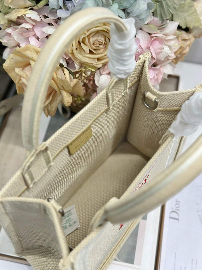 Small Dior Book Tote with Strap - Apricot and Red Toile de Jouy Embroidery - Default Title - View 7