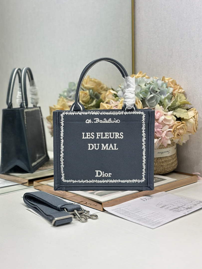 Small Dior Book Tote with Strap - Blue and White Toile de Jouy Embroidery - Default Title - View 1