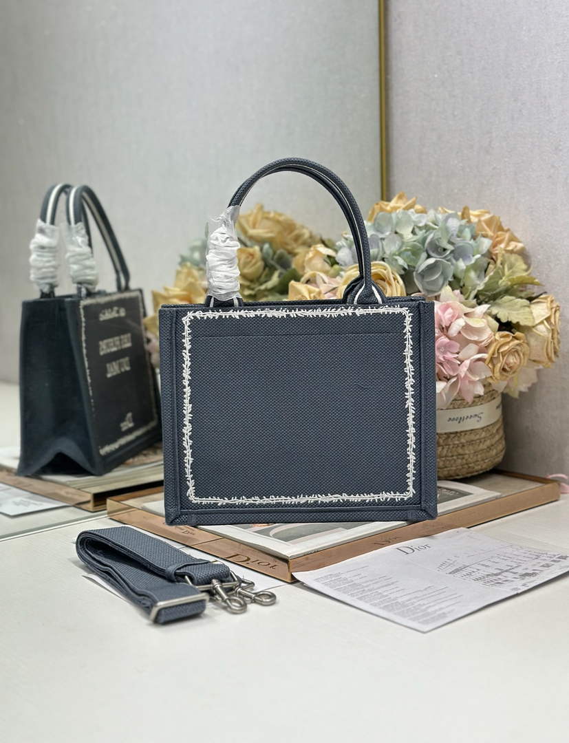Small Dior Book Tote with Strap - Blue and White Toile de Jouy Embroidery - Default Title - View 3